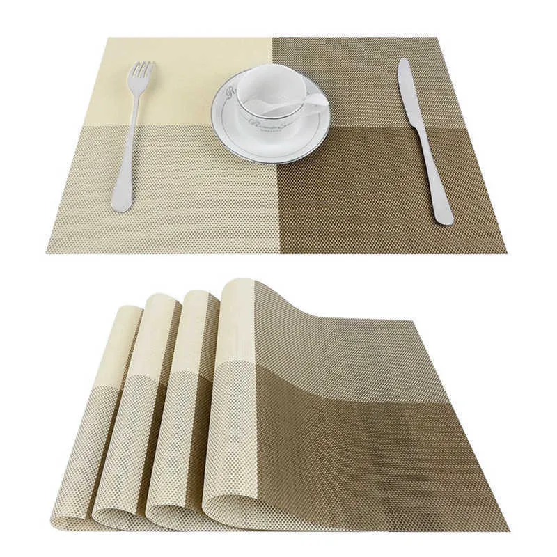 PVC-sängkläder Placemats för bordsuppsättning Plaidbordsmatta Placemat Servett i köksredskap Cup Vinmatta Kustbanor Pad Orange Green 210706