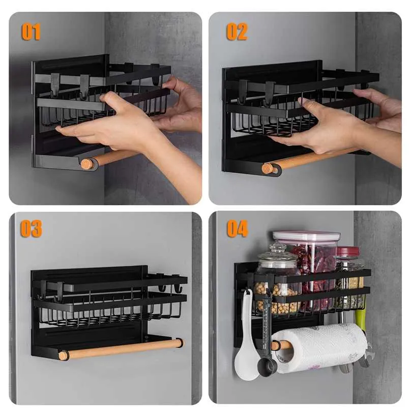 Magnetic Spice Rack for Refrigerator Kitchen Storage with Hook Paper Towel Holder Side Hanging Organizer Shelf 211102