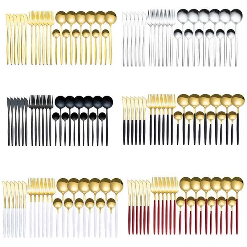 24pcs / set rostfritt stål svart guld bestick middag dinnerware set kniv gaffel kaffe sked bestick uppsättning kök porslin set 211012