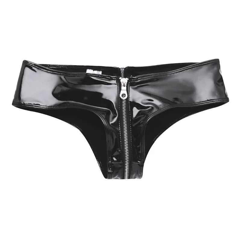 Women's Leather Shorts Panties Black Sexy Erotic Lingerie Zippered Open  Crotch Low Rise Bikini Briefs Underwear Shiny Underpa266W