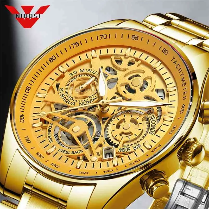 Nibosi Mens relógios de luxo marca moda ouro esqueleto de quartzo relógio homens esporte pulso relógio impermeável macho relogio masculino 210804
