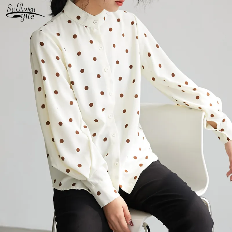 Mode Loose Plus Size Chiffon Blouse Kvinnor Casual Lantern Sleeve Polka Dot Shirts Knapp Stand Collar Clothing 13087 210508