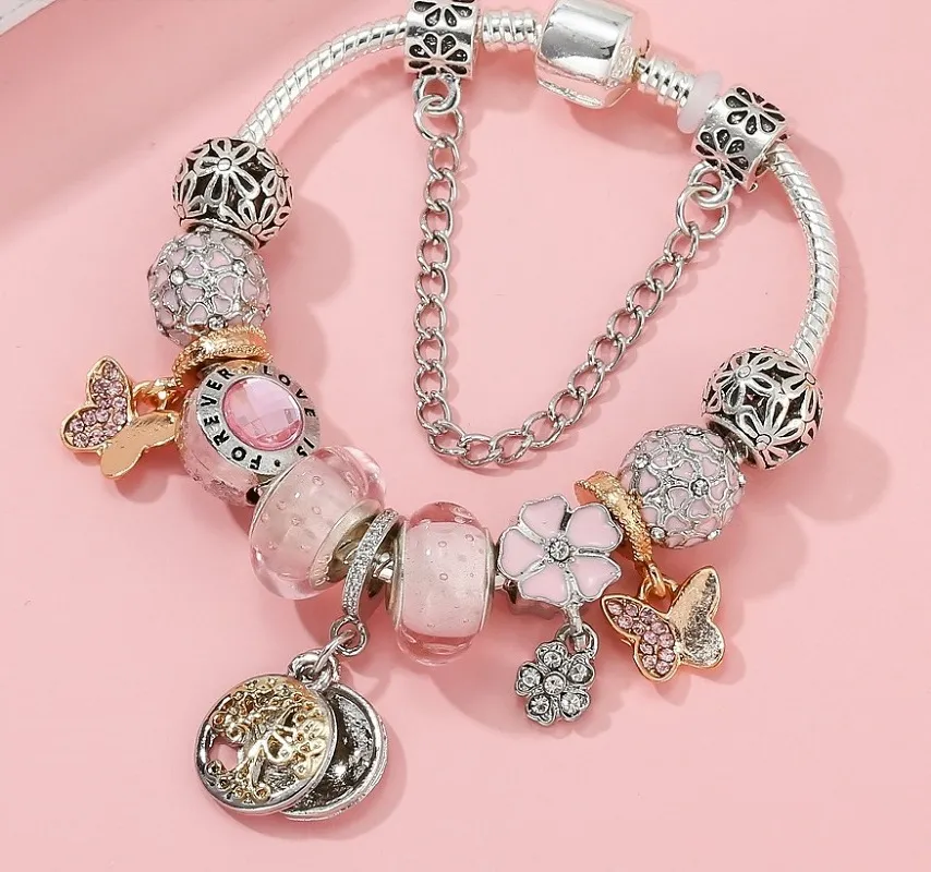 Moda 925 Plata esterlina Love Bowknot Mariposa Murano Murano Glass European Charm Beads Crystal Tree of Life Dangle Se adapta a Pandora Charm Bracelets Necklace