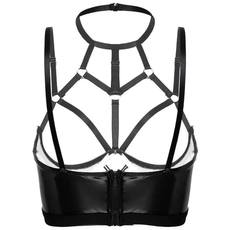 Sexiga kvinnors underkläder Cupless BH TOP FÖR SEX Halter Neck Hollow Out Strappy Patent Leather Zipper Olänke Underwire Open Cup Bras255L