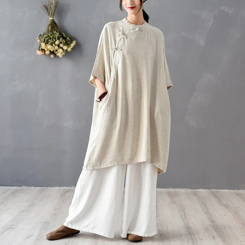 Johnature Summer Cotton Linen Women's Dresses Loose Vintage Stand Short Sleeve Solid Color Robes Plus Size Women Dresses 210521