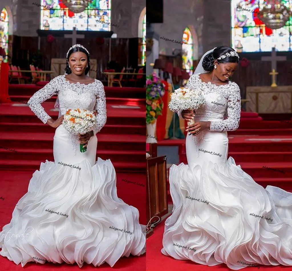 Robes de mariée sirène africaine grande taille 2021 dentelle Organza nuage volants jupe arabe Aso Ebi manches longues robe de mariée Robes