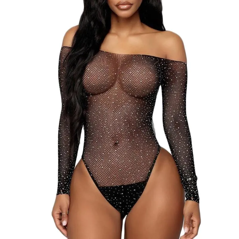 Women's Sleepwear Undefined Sexy Jumpsuit Lingerie Women Black Lace Fishnet Rhinestone Bodysuit Off- Shouder