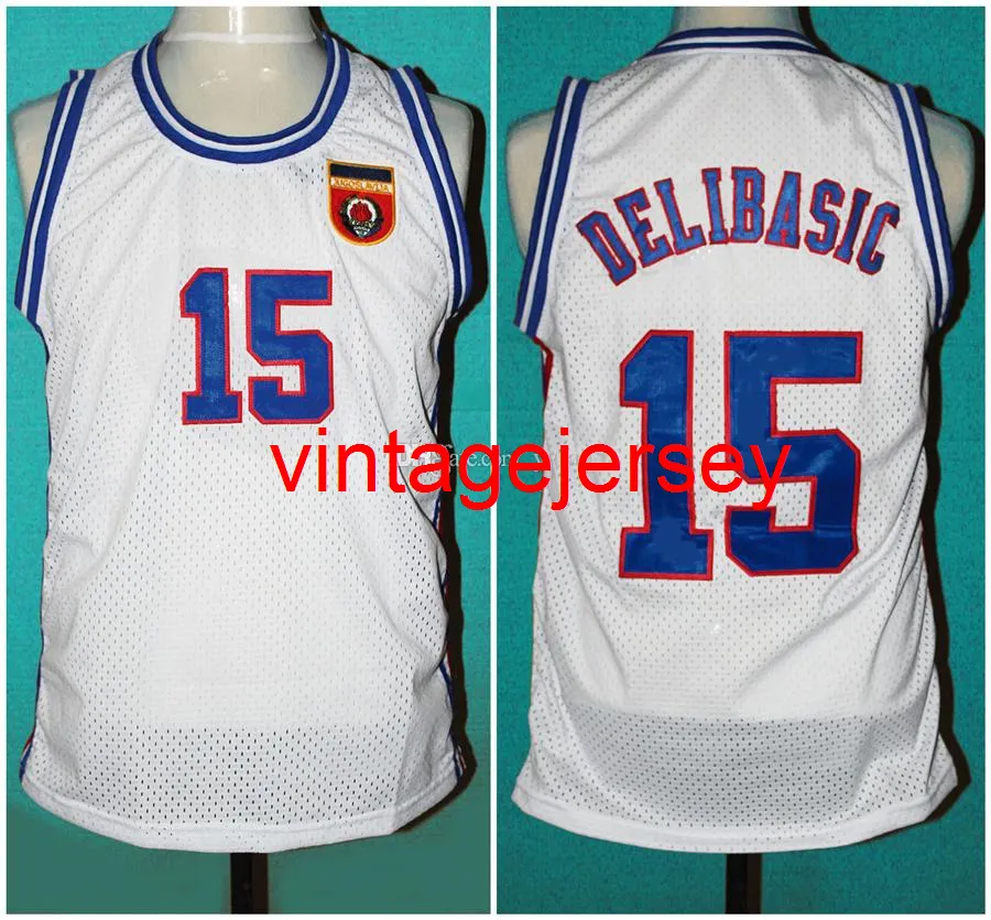 Équipe Yougoslavie Européenne Jugoslavija # 15 Mirza Delibasic Retro Classic Basketball Jersey Mens Cousu Numéro et nom personnalisés Maillots