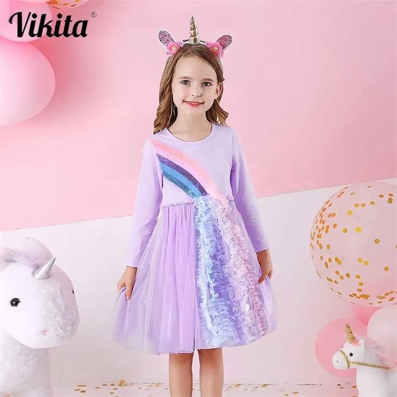 Vikita Kids Jurken voor Meisjes Lange Mouw Herfst Lovertjes Partij Prom Kostuums Regenboog Mesh Tule Kinderkleding 211231
