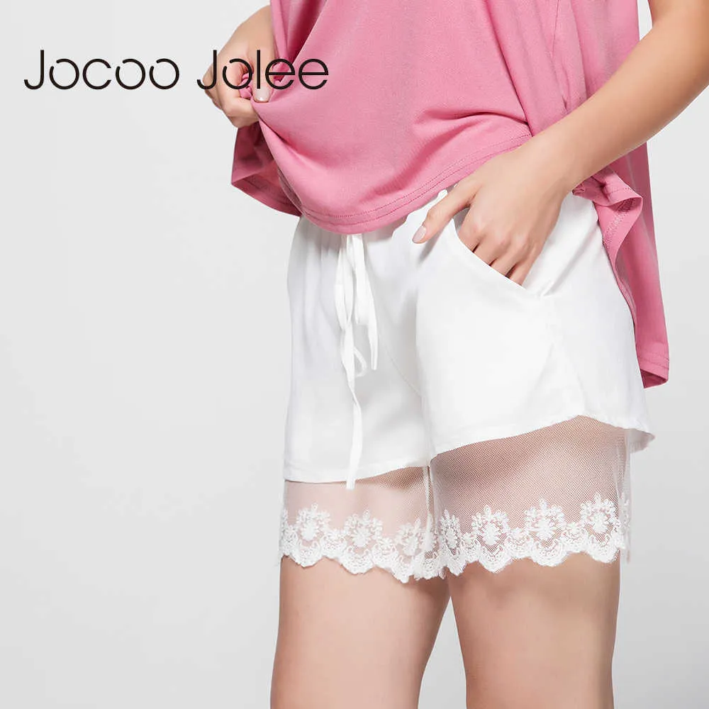 Jocco jolee mid cintura feminina shorts branco lace guarnição cordão de veludo envoltório mulher moda casual 210619