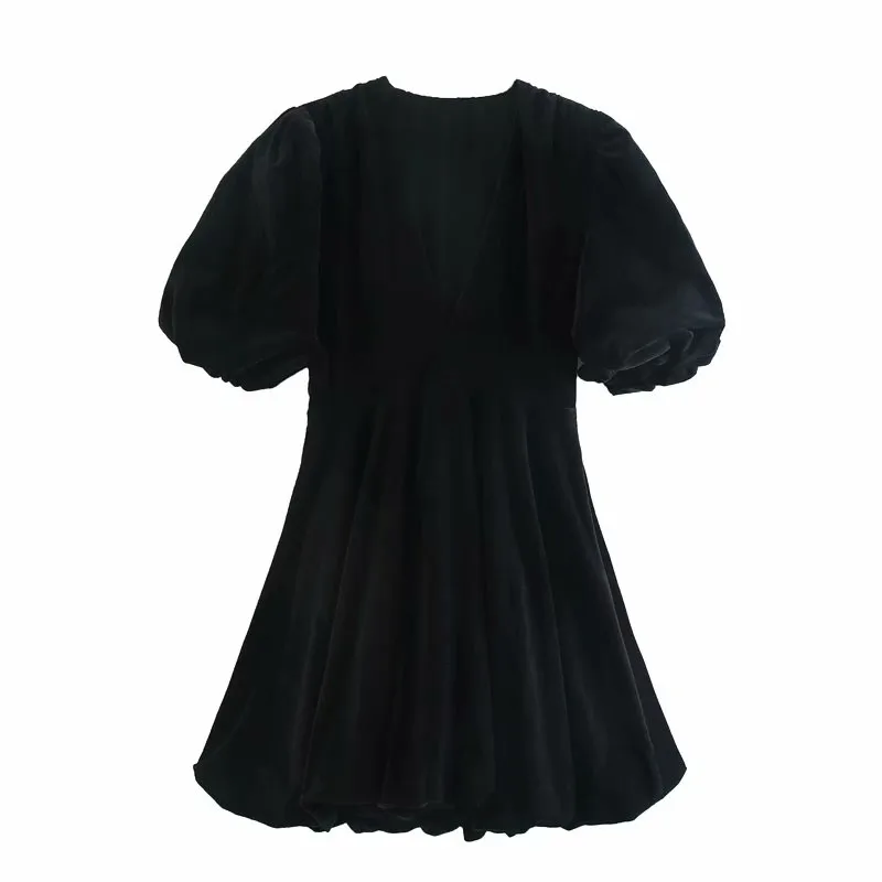 Elegante vrouwen zwart fluwelen jurk mode dames v-hals lantaarn mouw es sexy vrouwelijke zoete prinses meisje chic 210427
