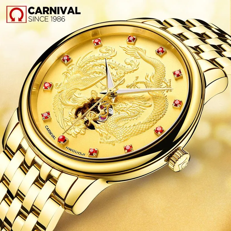 Montres-bracelets Suisse Carnaval Automatique Mécanique Montres Hommes Dragon Diamond Sapphire Squelette Horloge imperméable C8798