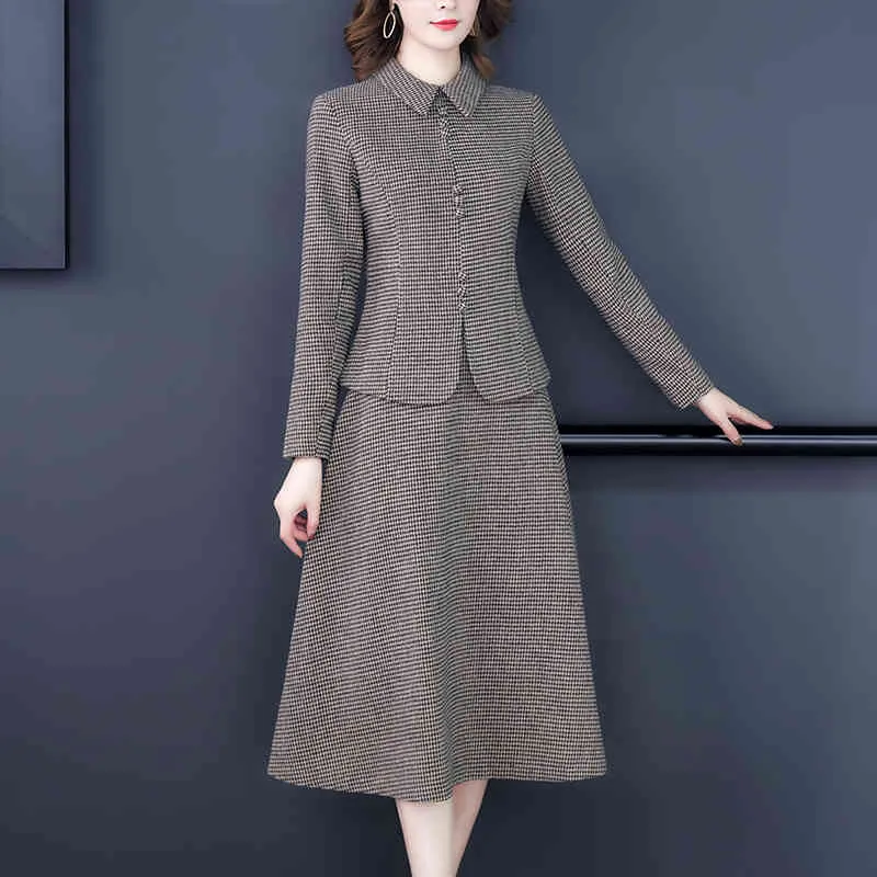 Kvinnor Vår Höst Elegant Kjol Suit Set Kvinna Mamma Plaid Woolen Two-Pistass Suits 210514