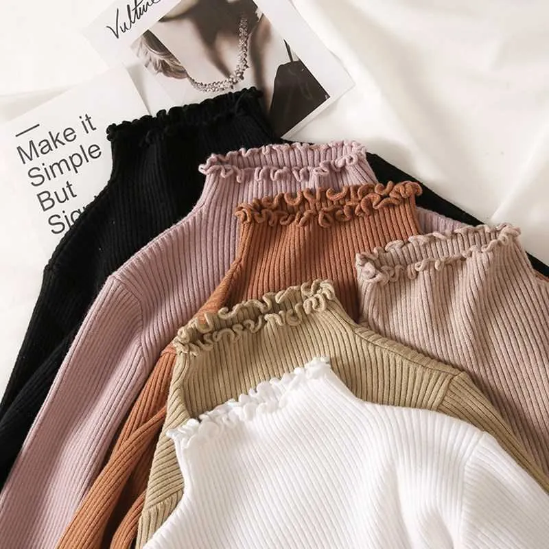 Turtleneck Ruched Women Sweater High Elastic Solid Fall Winter Fashion Sweater Women Slim Sexy Knitted Pullovers Pink White 210805