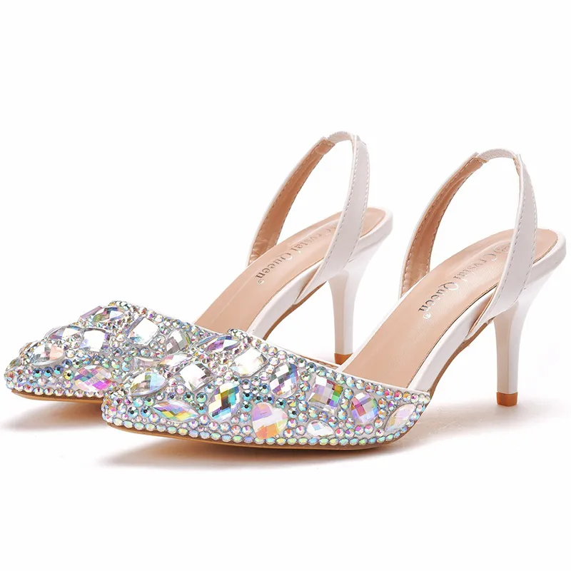 7cm Ondiepe Mond Puntschoen Trouwschoenen Slingbacks Dunne Hak Sandalen AB Crystal Rhinestone Bridal Jurk Hakken Plus Size Party Pumps