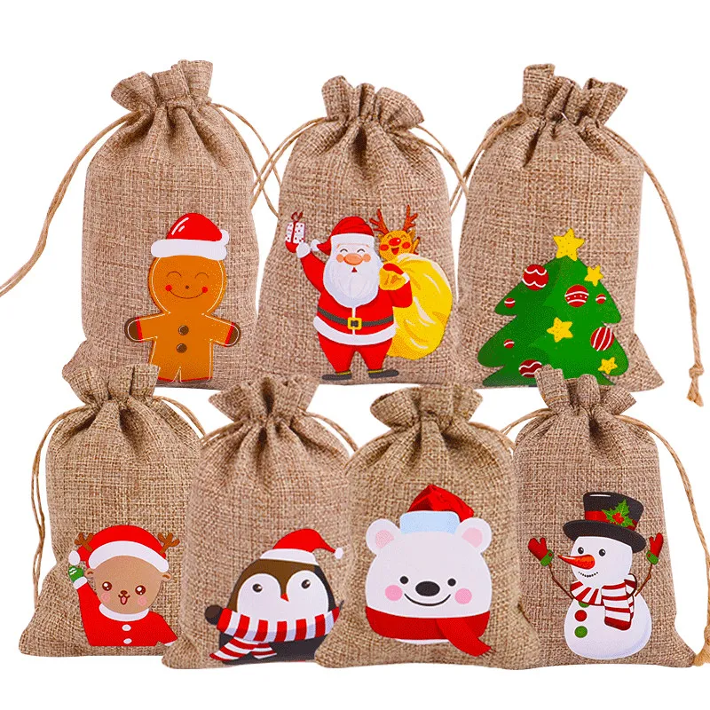 Christmas Gift Candy Torby Party Wydarzenie Pościel Burlap Torba Sznurek Biżuteria Box Cartoon Boże Narodzenie Jute Rysuj kieszeni