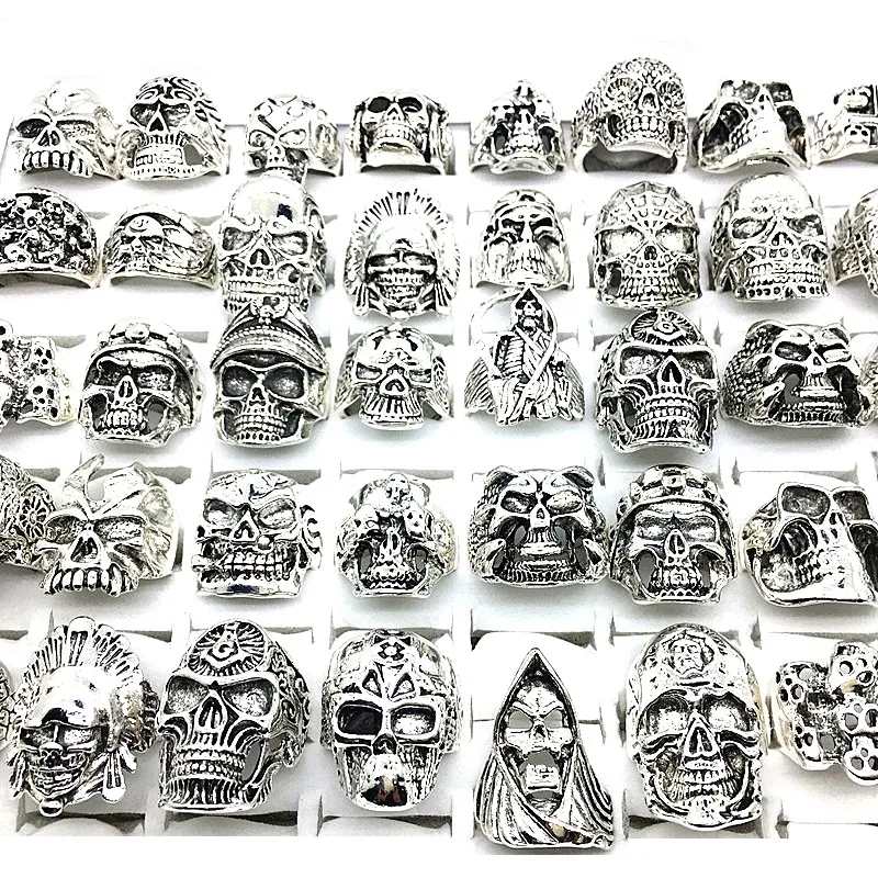 30pcs skull rings men punk rock silver metal women bikers skeleton rings vintage jewelry gifts patry wholesale lots bulk brand new