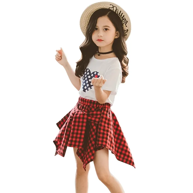 Teen Girls Kläder Plaid Pattern Outfits Dot Heart Tshirt + Kjol Barn Kläder Tjej Sommar Barn 210527