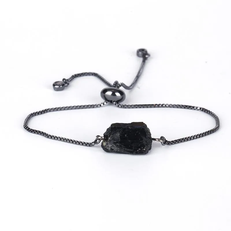 Natural Rough Black Tourmaline Mineral Precious Stone Bead Health Adjustable Healing Silver Color Link Bracelets For Women Beaded 272d