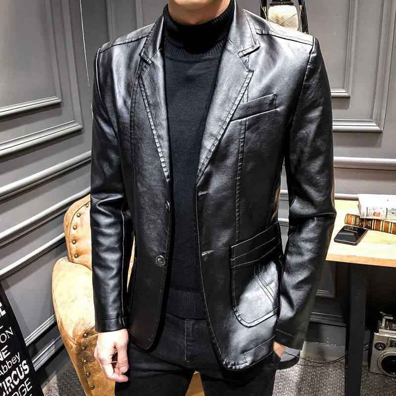 Hombres de cuero de imitaci n Blazer Slim Fit Casual Vestido de manga larga Negro Khaki Male Traje Abrigo Chaqueta para hombre Masculino 210527