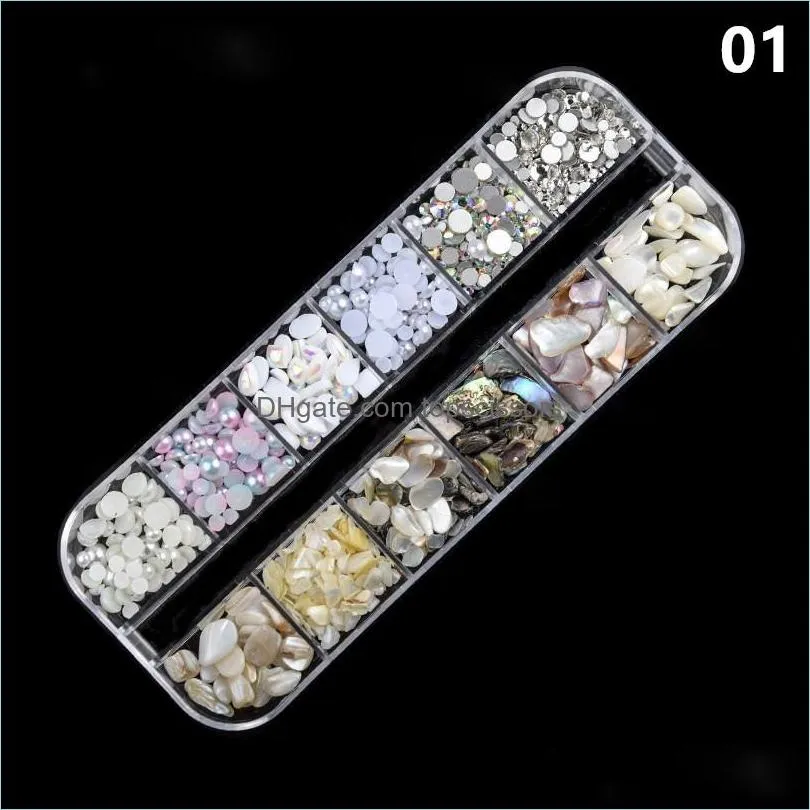 12Gird/Set Natural Sea Shell Nail Glitter Powder Tips Mix Metal Rivets Pearl Beads Studs Charms AB Rhinestone Decoration1