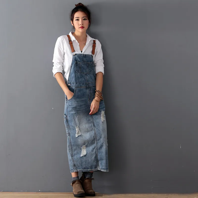 Kadınlar Gevşek Denim Elbise Bayanlar Ağartılmış Delik Elbiseler Kadın Spagetti Kayışı Vintage Yırtık