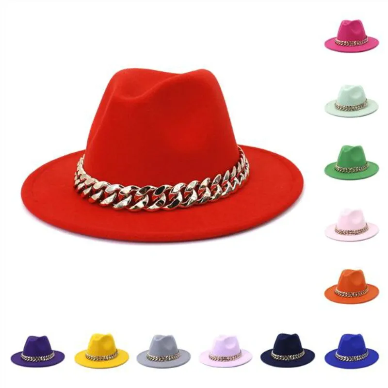 Sombrero Fedora con cadena Sombreros de ala ancha para mujeres Hombres Jazz Panamá Cap Mujer Hombre Moda gorras para hombre Trilby Chapeau Primavera Otoño Invierno venta al por mayor 26 colores