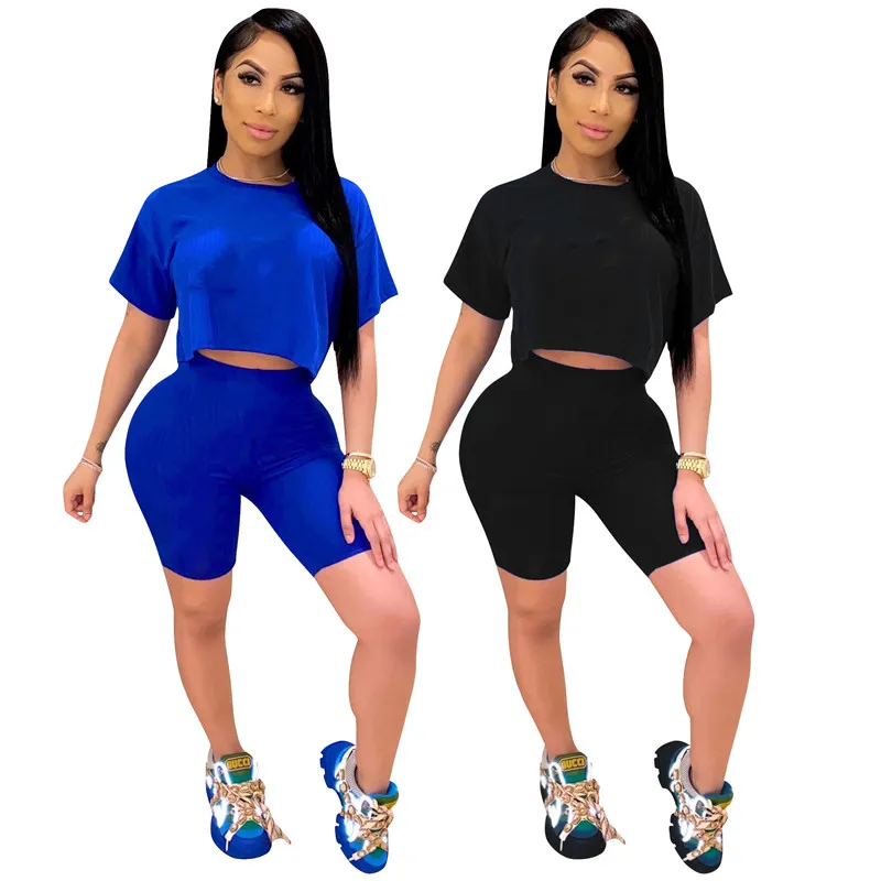 Kobiety Jogger Garnitury Lato Dresy Stroje Krótki Rękaw T Shirty + Spodenki Spodnie Dwa PCS Zestaw Plus Size S-2XL Casual Czarne Odzież Blue Sweetsuits 4616
