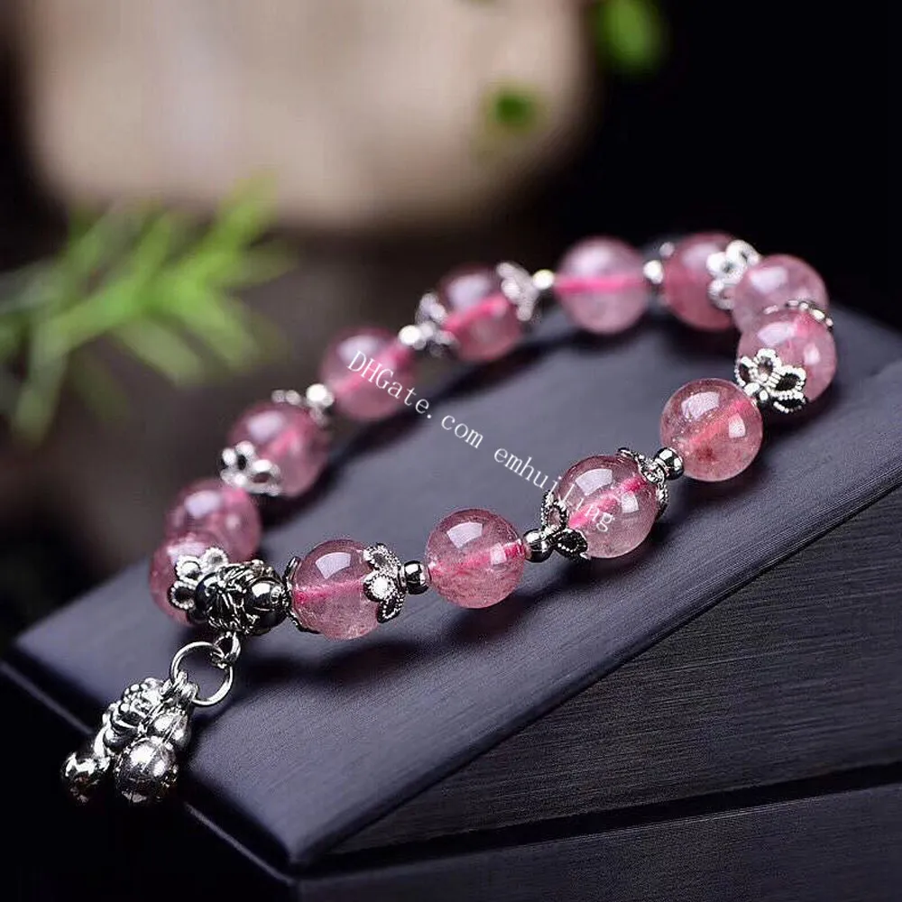 Genuine Natural Ice Strawberry Quartz Crystal 10mm Round Beads Strand Bracelet Clear Red Gemstone Beaded Bracelets with Tibetan Charms and Flower Spacer Bead