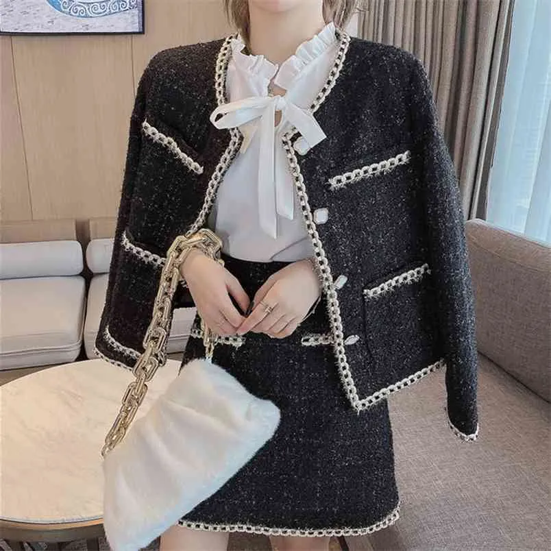 Vinter Woolen Tre Piece Set Kvinnor Outfits Patchwork Tweed Jacket Coat + Vit Blusskjorta Mini Skirt Womens Passar 210514