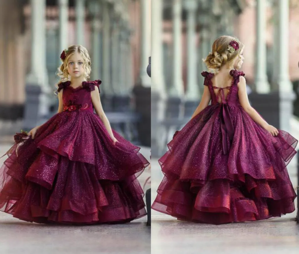 2021 Borgogna Flower Girl Abiti per la cerimonia nuziale Perline di pizzo 3D Appliqued floreale Little Girls Pageant Abiti da festa Princess Wear