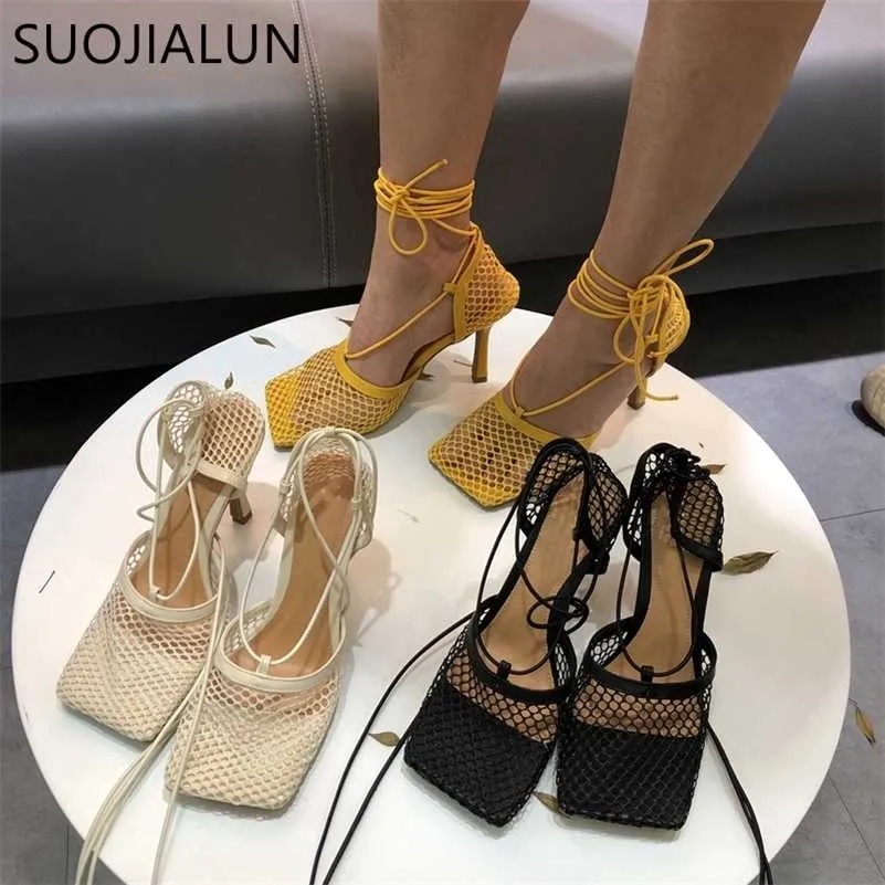 Suojialun جوفاء تنفس شبكة النساء الصنادل مربع تو الخنجر عالية الكعب مضخات الكاحل الدانتيل متابعة أنيقة اللباس الأحذية 220112