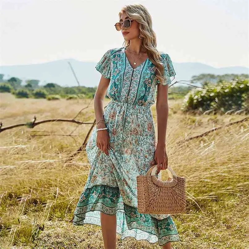 Vestidos Casual Holiday Szycia Trąbka Rękaw Sukienka Damska Letnia Damska Plaża Drukuj Ruffles Vintage Boho 210508