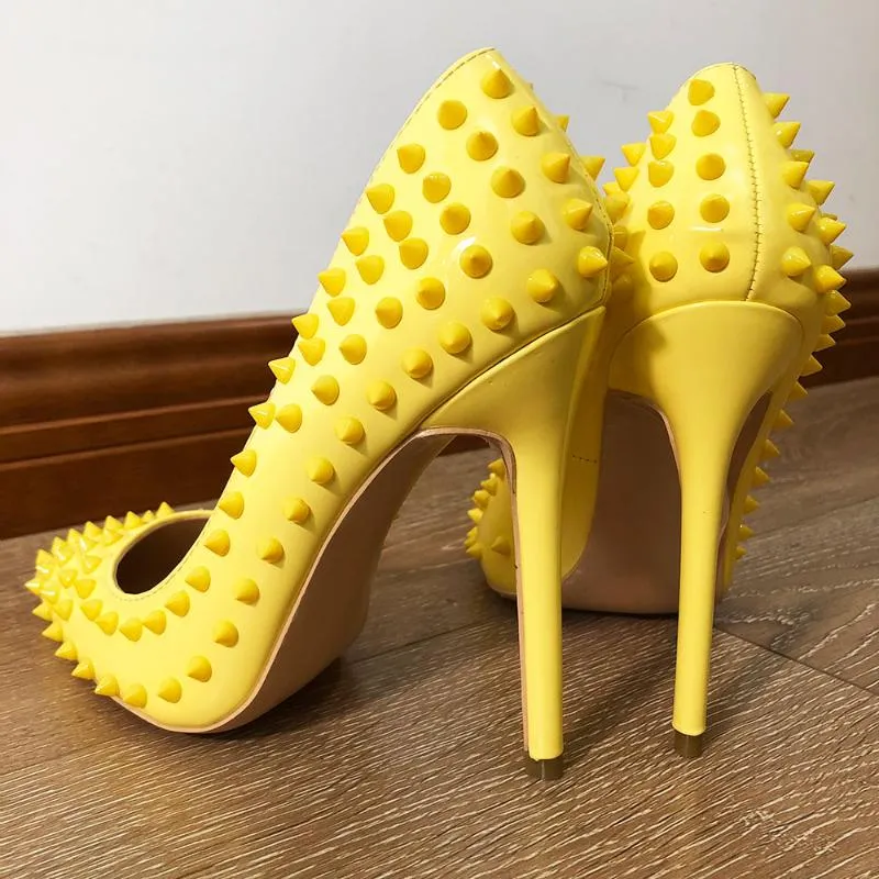 TikicUp Geel Volle Spikes Dames Pointy Toe Stiletto Hoge Hakken