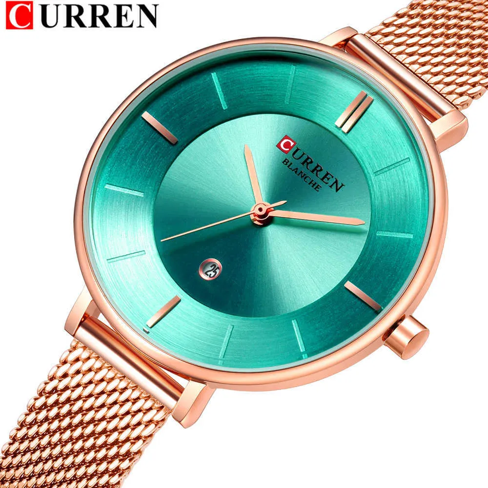 Womens elegante malha pulseira relógios curren analógico simples relógio relógio de pulso de quartzo com data moda relógio senhoras monstre femme colorido q0524