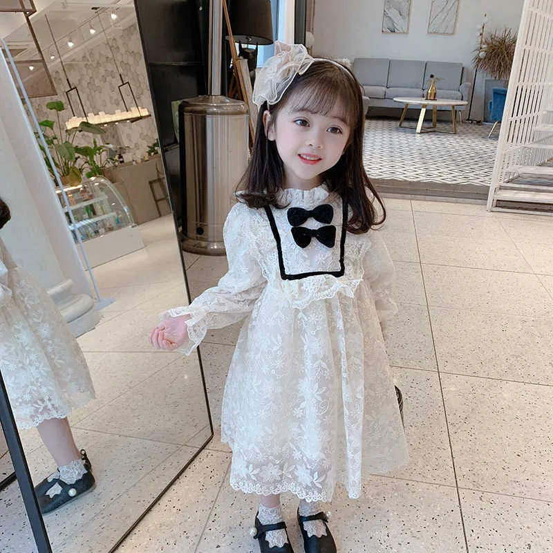 2-7 Anos Meninas Lace Bonito Beleza Dress Coreano Manga Longa Princesa Dress Halloween Trajes para crianças meninas Dama de honra Vestidos Q0716