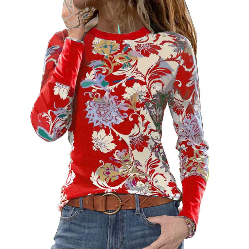 Плюс размер 5XL дамы вершины повседневные вырезы с длинным рукавом с длинным рукавом Женщины Цветочный принт Свободные пуловер Tees Femme Весенняя одежда 210526