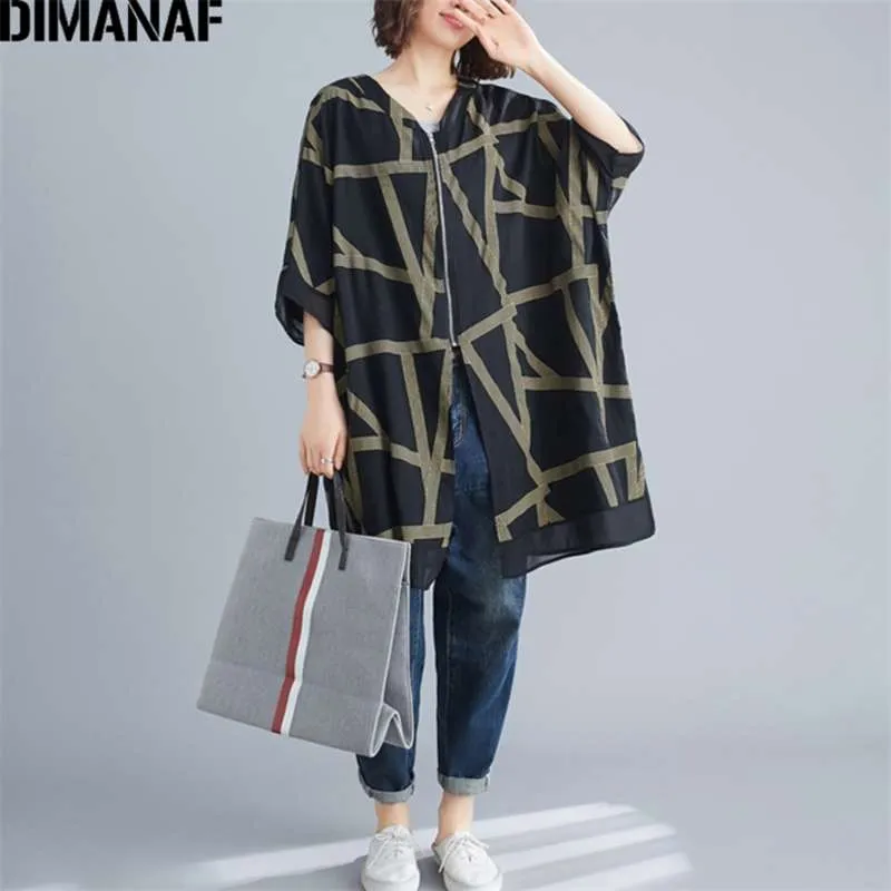 Dimanaf zomerjassen jassen vrouwen kleding vintage print gestreepte dame bovenkleding losse casual rits vestigan dunne oversize 210928