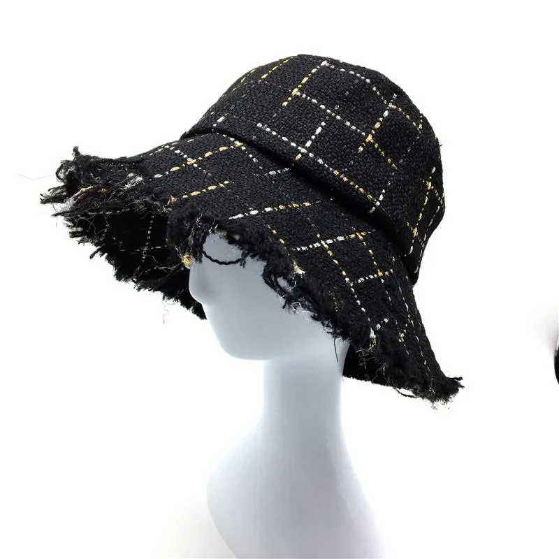 Женщины плед Tweed Bucket шляпа с золотом и серебряными LUREX дамы девушки черные чеки шляпы сырые края женские теплые зима широкий краев