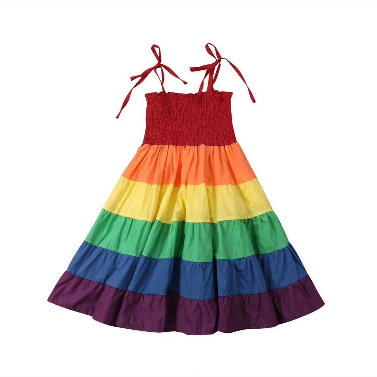Новый летний милый младенческий ребенок ребенок девочки платье радуги полосатый печать оборками a-line платье Sundress Outfit 2-7y q0716