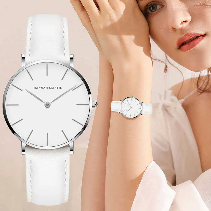 Hannah Martin Casual Ladies Watch med läderband Vattentät Kvinnor Klockor Silver Quartz Armbandsur Vit Relogio Feminino 210325