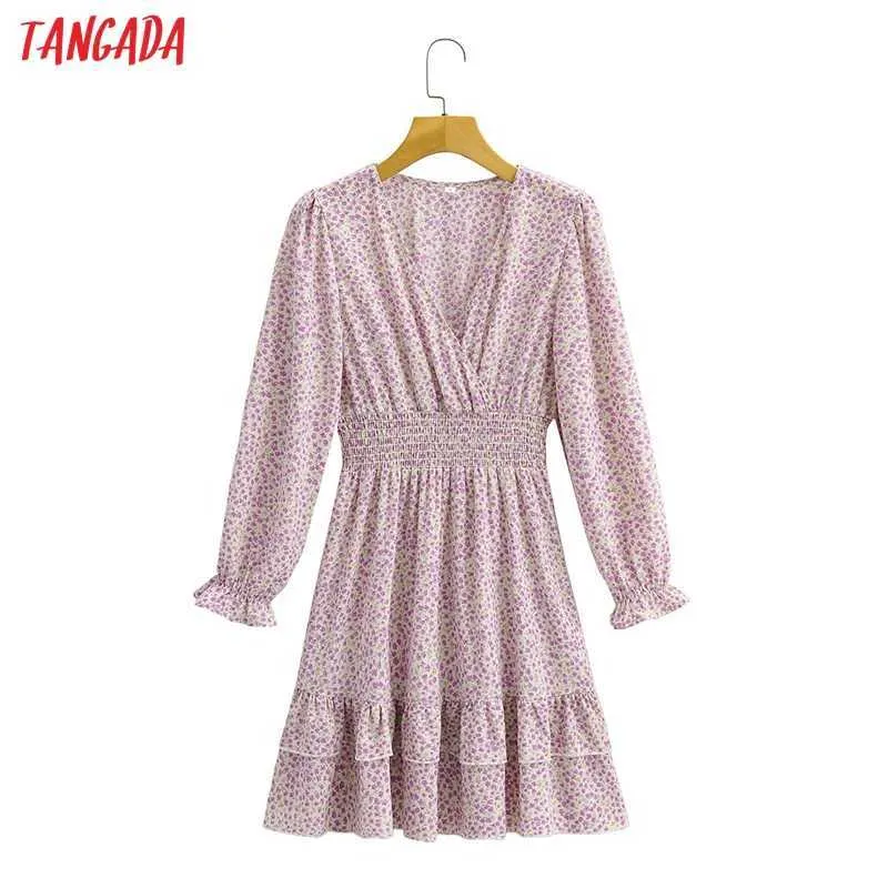 Tangada Sonbahar Moda Kadınlar Mor Çiçekler Baskı Kek Elbise Uzun Kollu Vintage Bayanlar Mini Elbise 1F223 210609