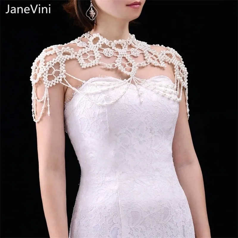 JaneVini Sexy Boho Imitation Perle Braut Schulter Halskette Kragen Körper Kette Choker Schmuck für Frauen Strand Hochzeit Zubehör