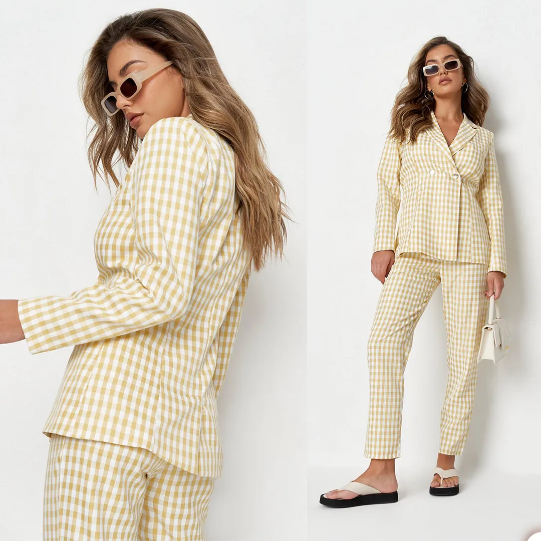 Été clair Jaune Check Femmes Pantalons Costumes Slim Fit Plaid Blazer Costume Dames Prom Party Wear (veste + pantalon)