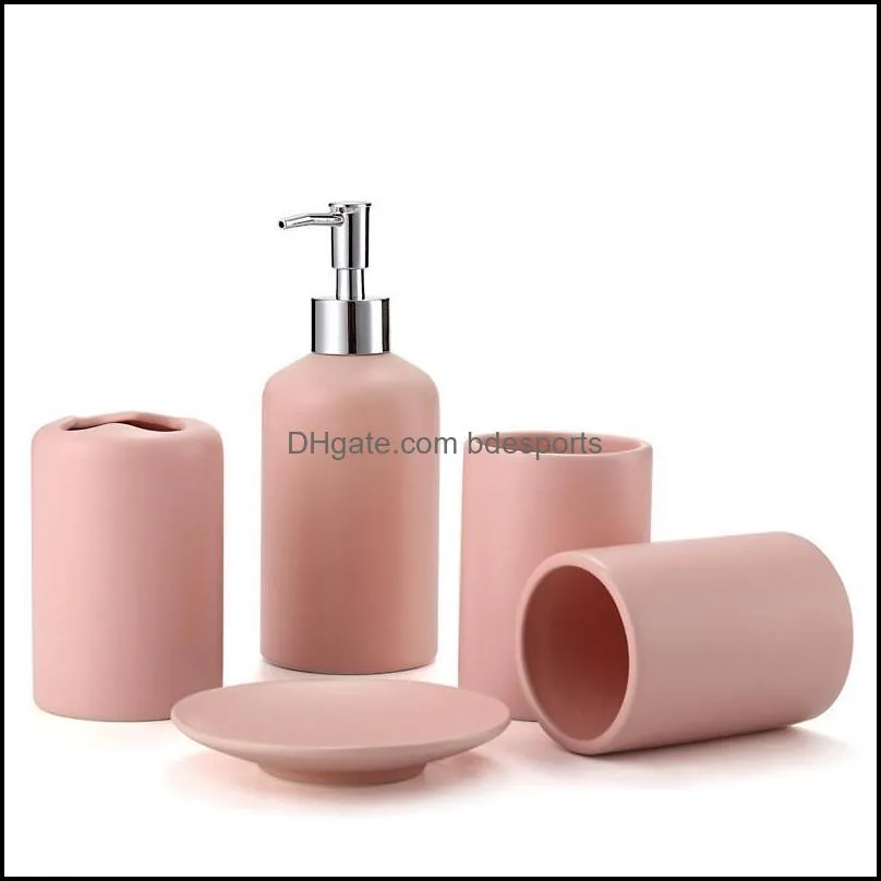 Bath Accessory Set European Style Wash Supplies Ceramics Pink Gargle Cup Toothbrush Holder Soap Dispenser Dish Home Bathroom Five