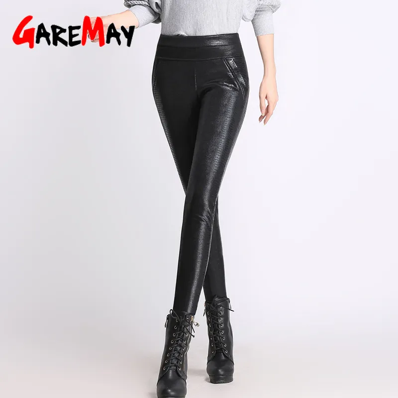 Lederen broek vrouwen hoge taille broek herfst winter koreaanse fluwelen leggings potlood zwart PU 210428