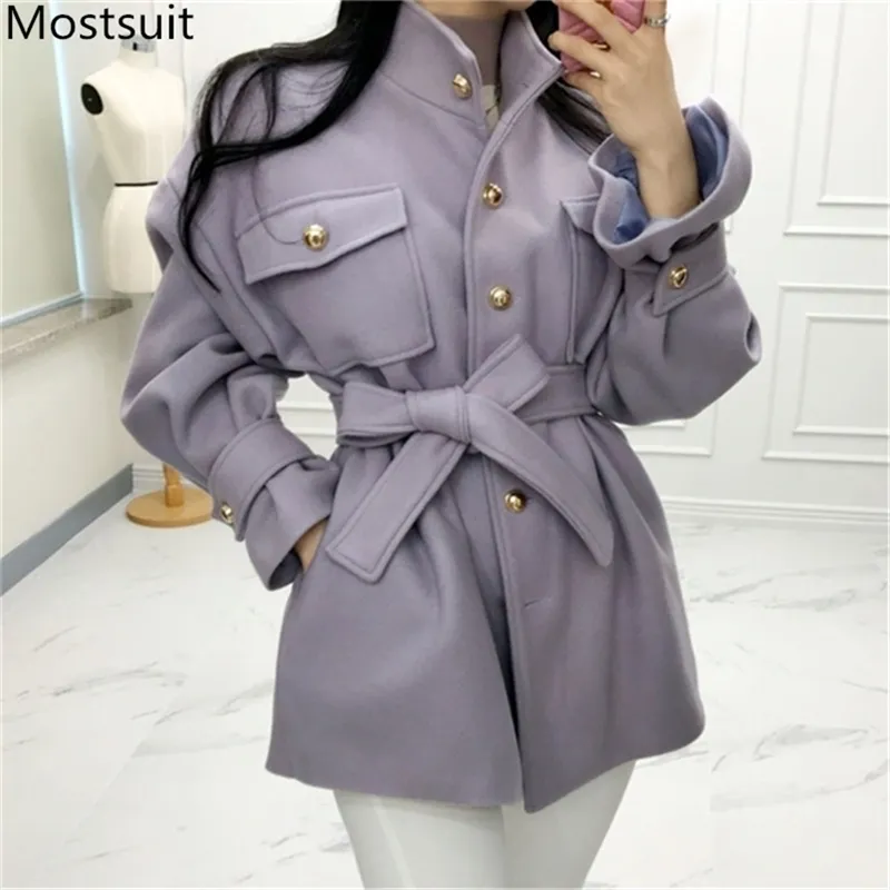 Kış Kore Yün Ceket Kaban Kadın Uzun Kollu Tek Göğüslü Kuşaklı Zarif Vintage Moda Paltolar Dış Giyim Tops 210513