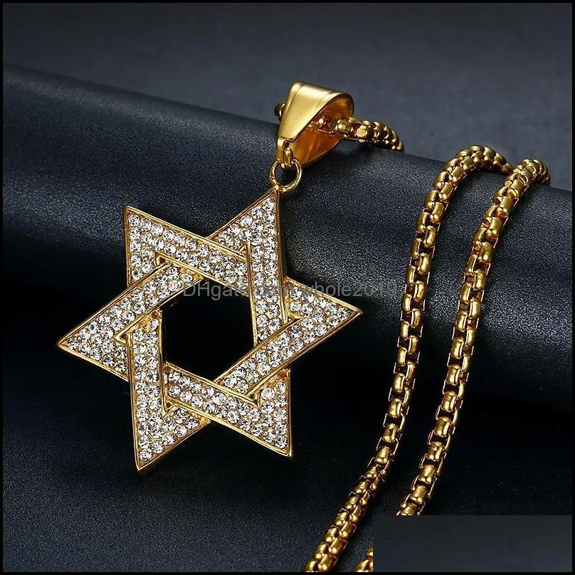 Hanger kettingen hangers sieraden hiphop bling iced out gouden kleur rvs joodse ster van David hexagram voor mannen rapper drop del