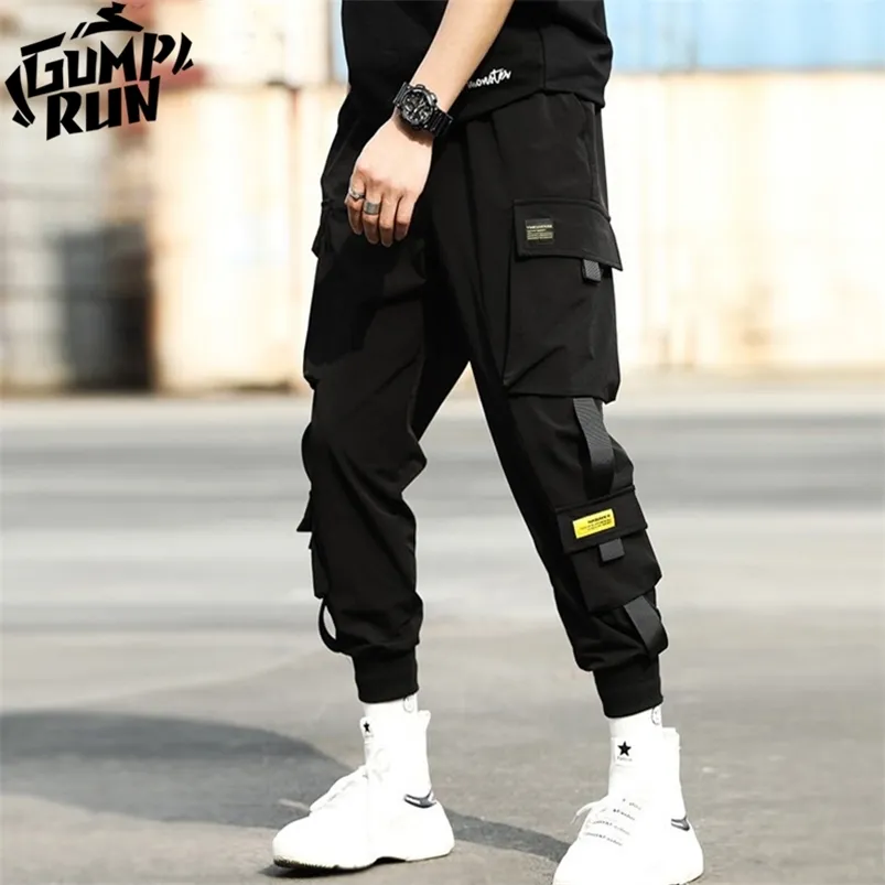 Hip-Hop Street Jogger Sports Pantalon sarouel noir pour hommes Ruban multi-poches Casual M-3XL 210715