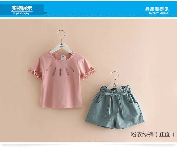 Girls Clothing Set Summer 3-10 Years Old Kids Girl Solid Color Cut Sleeve T Shirt+Shorts Drawstring 2 Piece Tracksuit Set (7)